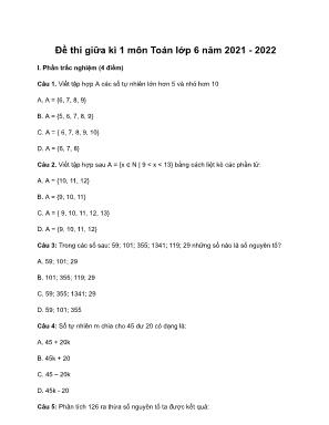 Đề thi giữa học kì 1 môn Toán Lớp 6 (Chân trời sáng tạo) - Năm học 2021-2022